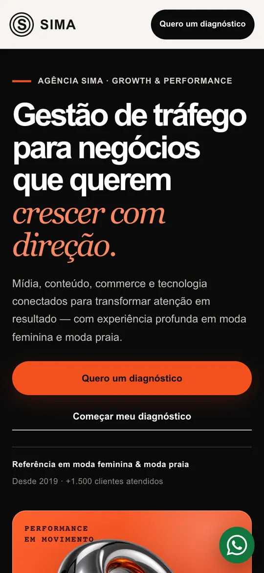 Página inicial do site Agência Sima no celular
