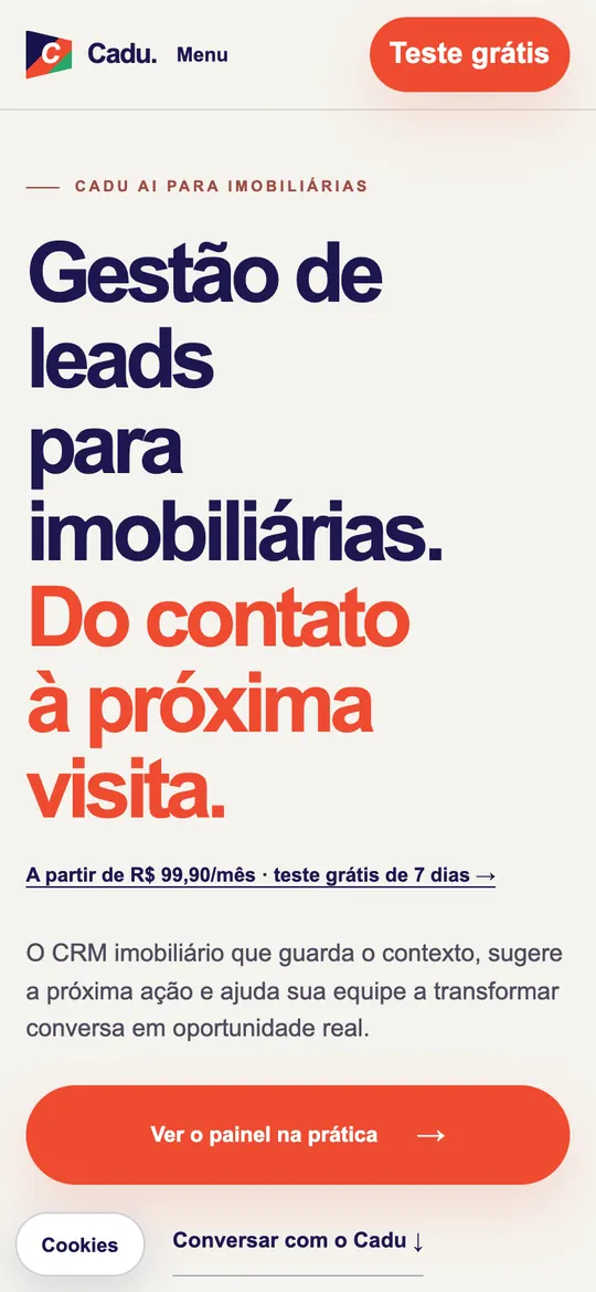 Página inicial do site Cadu AI no celular