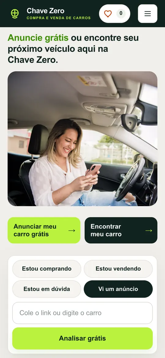 Página inicial do site Chave Zero no celular