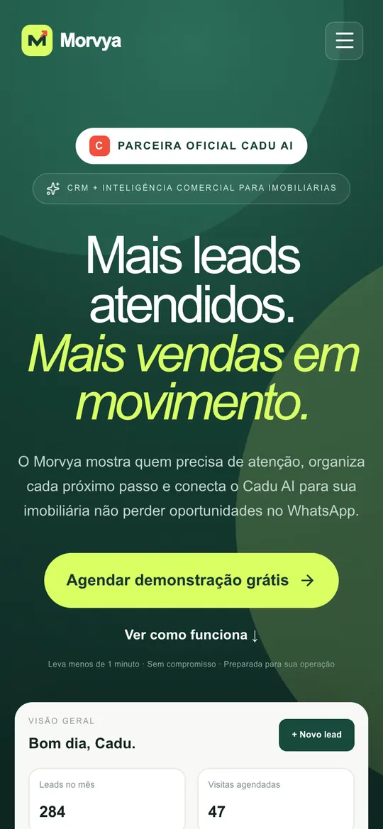 Página inicial do site Morvya no celular