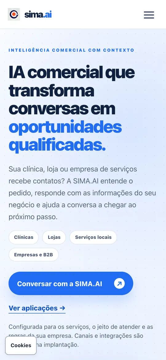 Página inicial do site SIMA.AI no celular