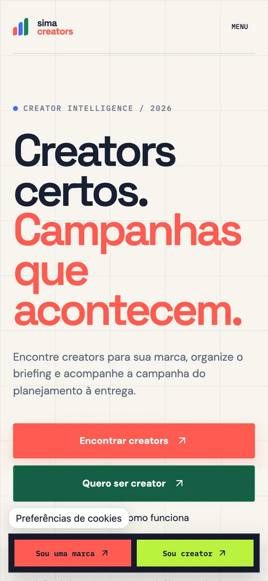 Página inicial do site Sima Creators no celular