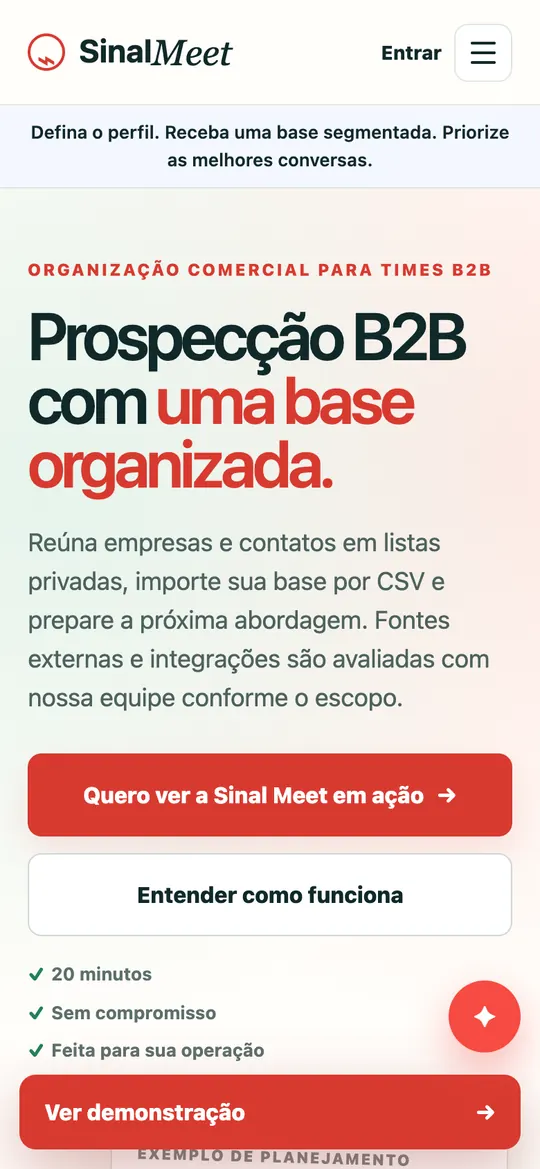 Página inicial do site Sinal Meet no celular