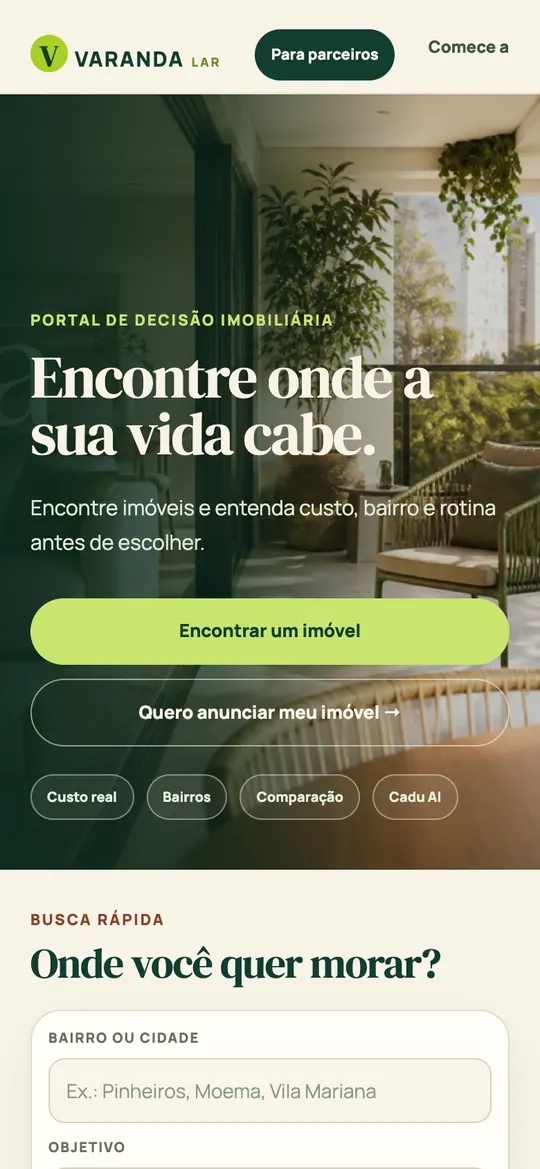 Página inicial do site Varanda Lar no celular